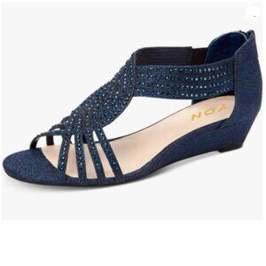YDN Blue Wedge Glitter Open Toe Rhinestones Cross Over Straps Mid Heels Sandals